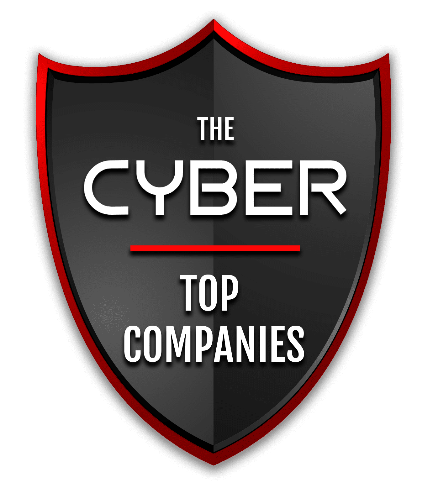 A black shield with a red outline displaying the text 'THE CYBER TOP COMPANIES' in bold white and red lettering, set against a dark background.