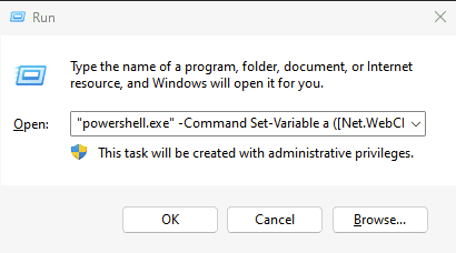 Windows Run dialog box displaying a command to open PowerShell with administrative privileges, specifically the command 'Set-Variable a ([Net.WebCl' typed in the Open field.