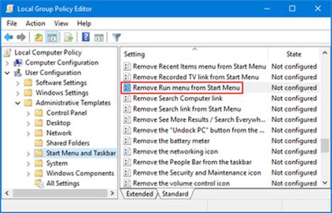 A computer screen displaying the Local Group Policy Editor interface, highlighting the setting 'Remove Run menu from Start Menu' under the 'Start Menu and Taskbar' category.