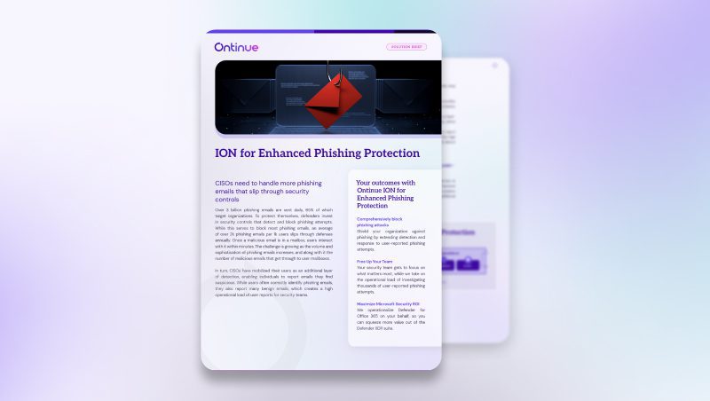 A digital document titled 'ION for Enhanced Phishing Protection' featuring a red envelope icon with a warning symbol on a dark background. The background includes informational text about phishing protection solutions. A second page is partially visible with additional content.