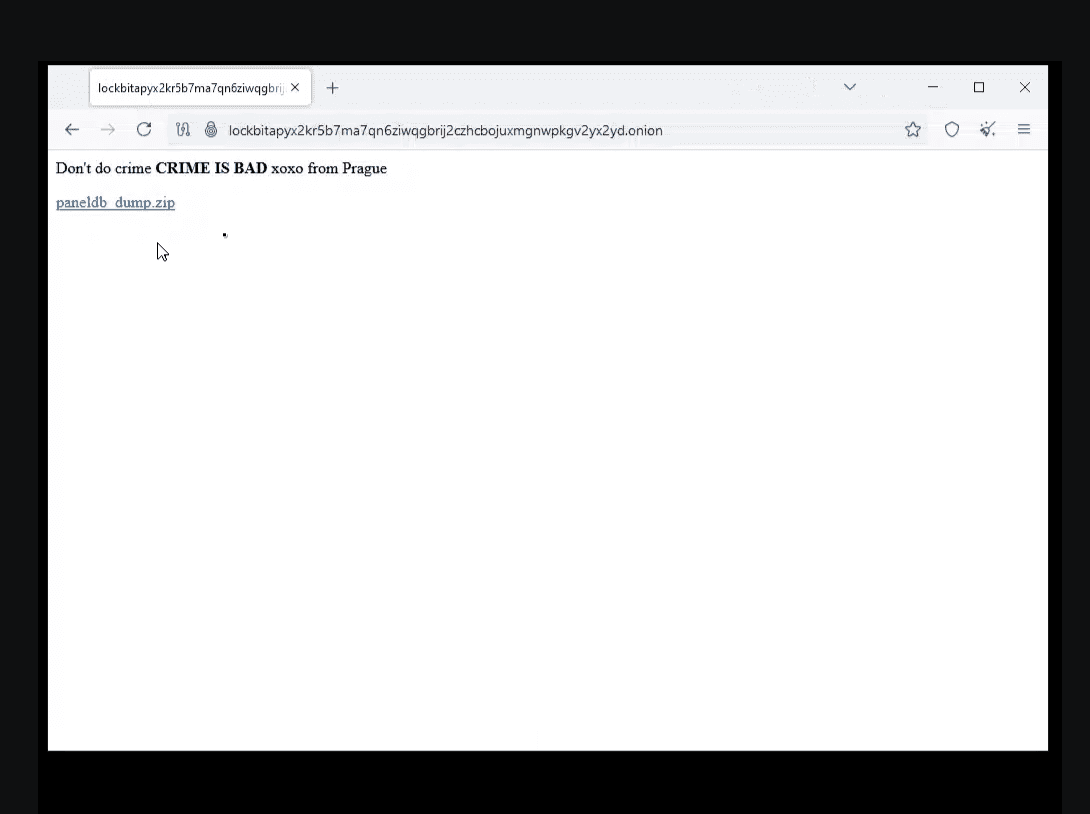 A webpage displayed on a browser, showing a message that says 'Don't do crime CRIME IS BAD' with an accompanying link to download a file named 'panel0_dump.zip'. The background is blank.