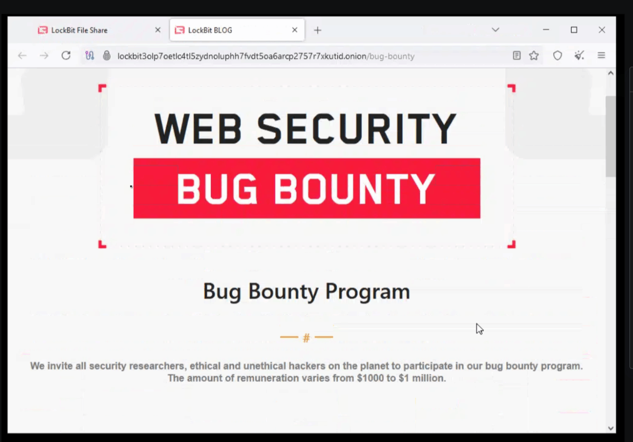 A webpage titled 'Web Security Bug Bounty' featuring a prominent red header and text describing a bug bounty program inviting security researchers and hackers to participate, with remuneration amounts specified.