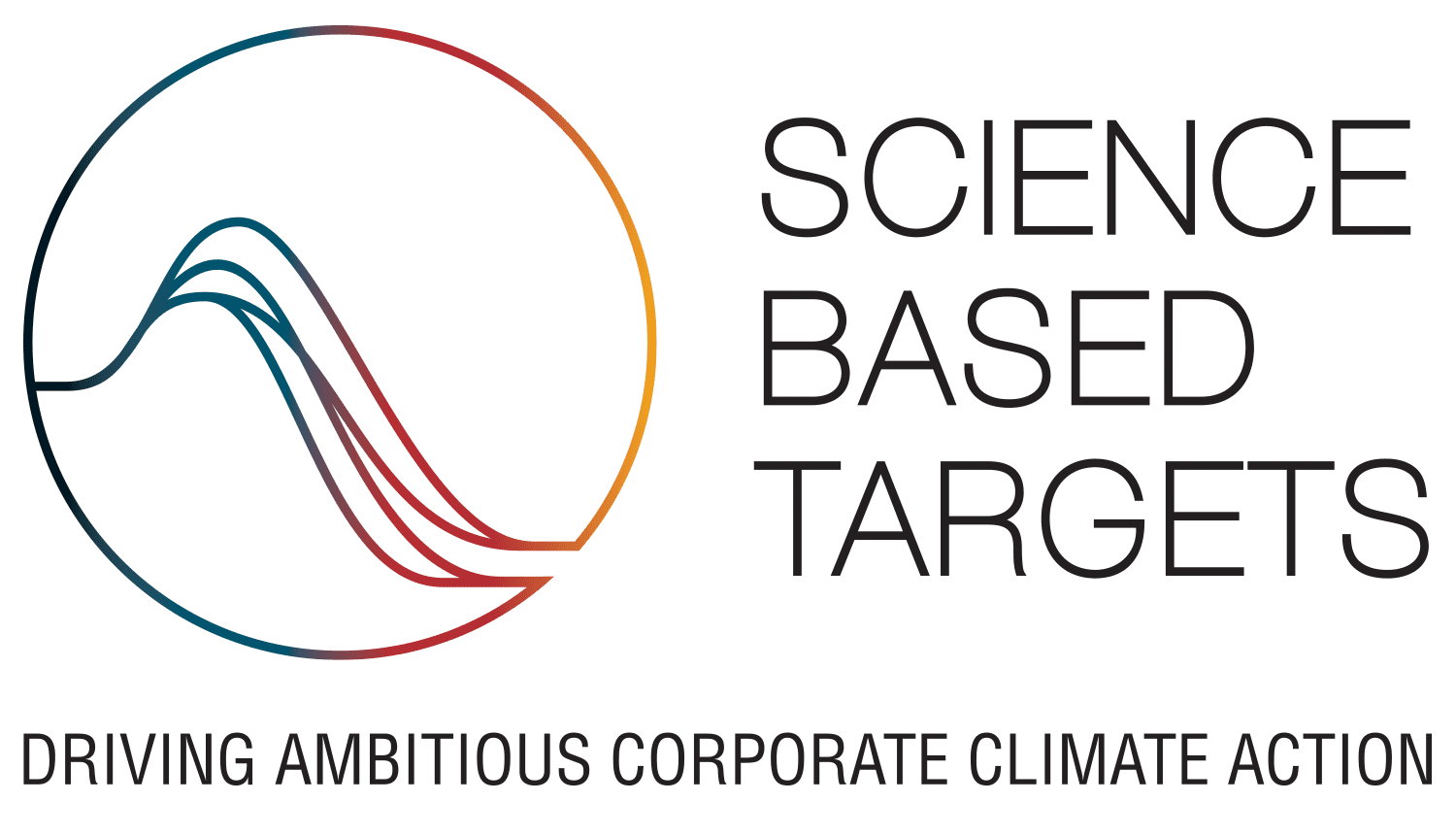 Logo of Science Based Targets initiative featuring a circular design with colored wave lines, accompanied by the text 'SCIENCE BASED TARGETS' and the tagline 'DRIVING AMBITIOUS CORPORATE CLIMATE ACTION'.