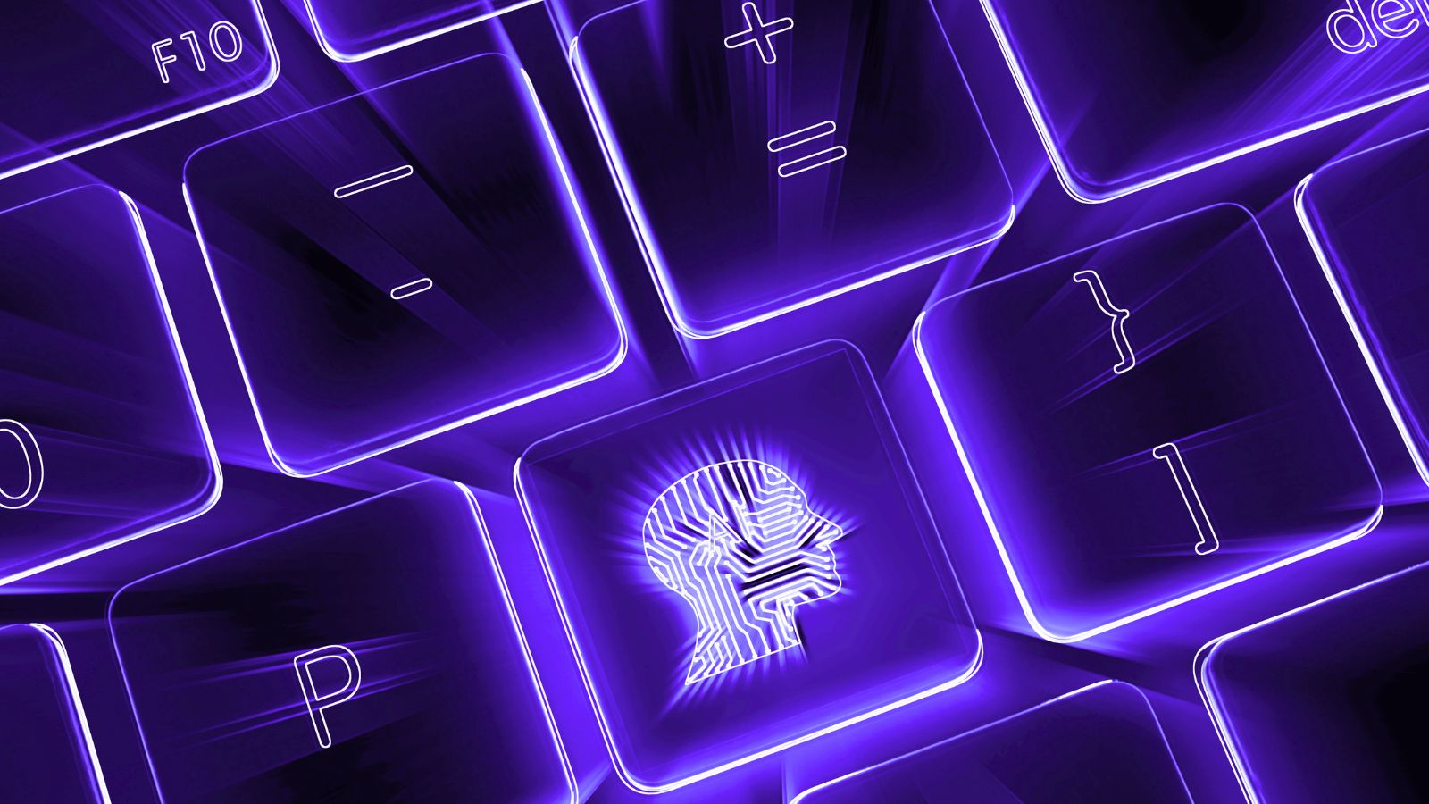 A close-up of a keyboard featuring a glowing purple key with a head silhouette design, symbolizing AI or technology concepts related to "First to Launch Agentic AI-Powered MDR." Light effects enhance the futuristic look.