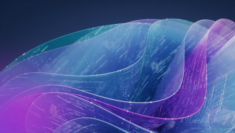 Abstract digital waves in gradient colors of blue, purple, and pink, with a textured overlay resembling data streams and patterns, set against a dark background.