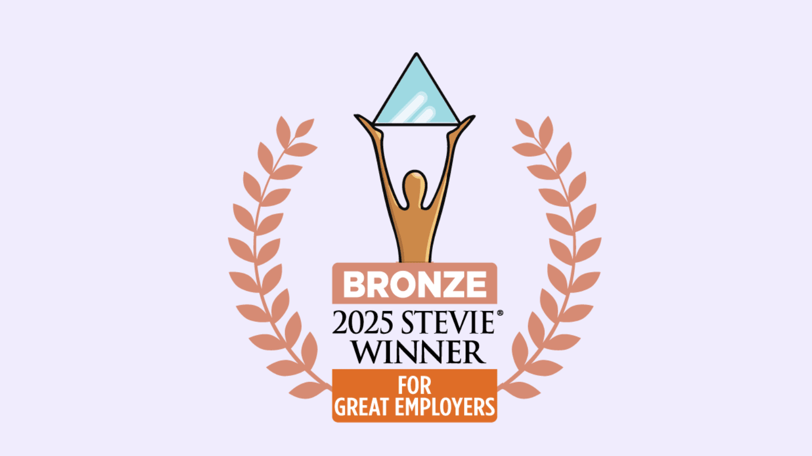 Logo displaying a bronze award emblem with a figure holding a pyramid. Text reads '2025 Stevie Winner for Great Employers', surrounded by laurel leaves, set against a light purple background.