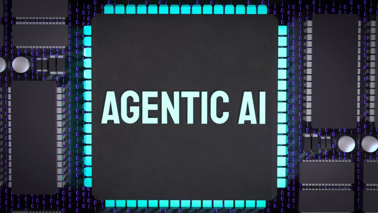 A digital representation of a microchip on a patterned circuit board background, with the text "AGENTIC AI" prominently displayed in the center.