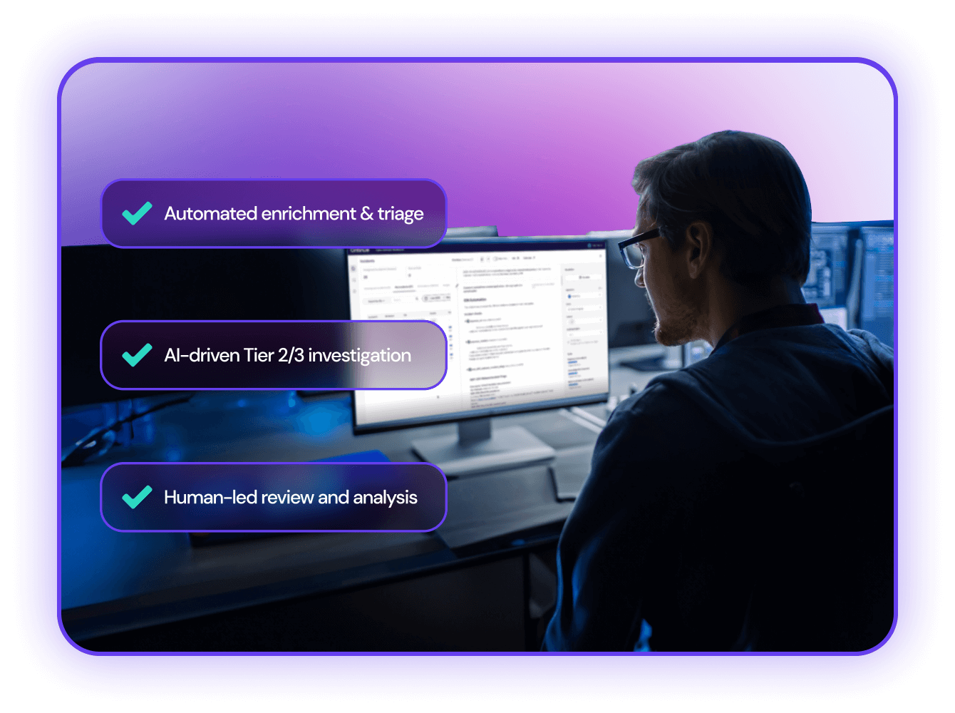 A person with glasses sitting in front of two computer monitors displaying data analysis, with three highlighted benefits: automated enrichment & triage, AI-driven investigation, and human-led review.