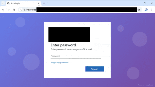 A password entry screen in a web browser with a gradient purple background. The form prompts the user to 'Enter password' and includes a button labeled 'Sign in'.