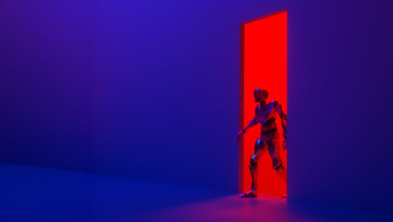 A humanoid robot stepping through a brightly lit red doorway, set against a dim blue background. The scene emphasizes contrasts between colors and elements, potentially symbolizing transitions or new beginnings, aligning with themes from the 1H 2025 Threat Intelligence Report.