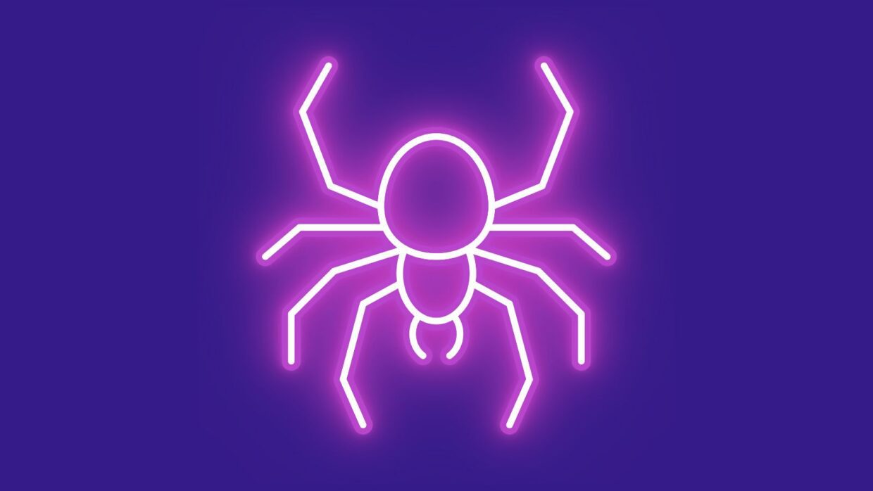 A neon outline illustration of a spider with eight legs, glowing in pink against a dark purple background. This design features a simple and modern aesthetic, emphasizing the shape of the Scattered Spider.