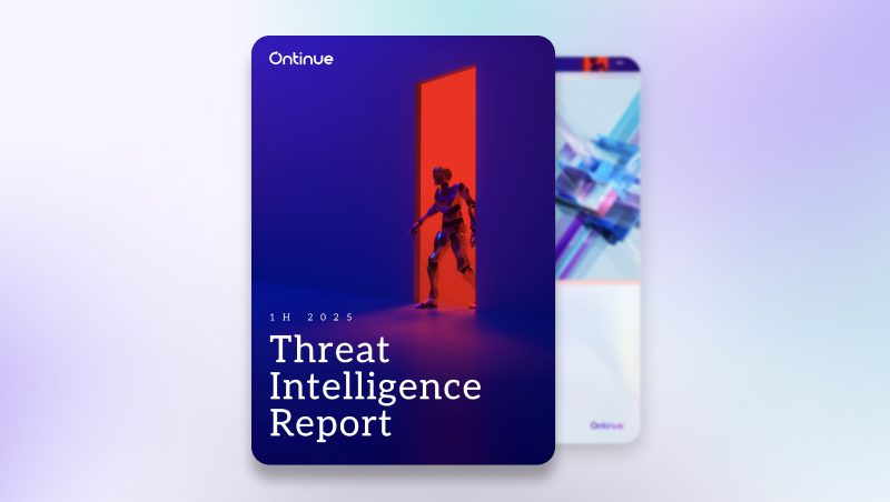 A digital cover of the "Threat Intelligence Report" for the first half of 2025, featuring a stylized illustration of a figure standing in a doorway, with a gradient background in shades of blue and purple.