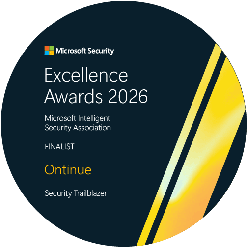 A circular badge featuring the Microsoft Security logo. It states "Excellence Awards 2026" for the Microsoft Intelligent Security Association, with "FINALIST" and "Ontinue" written below, as well as the designation "Security Trailblazer".