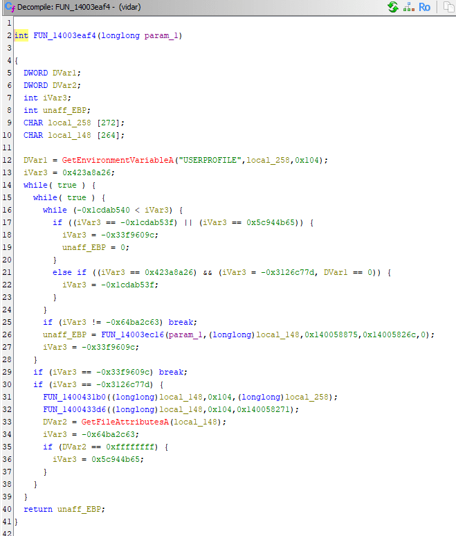 A computer screen displaying code from a decompiled function named FUN_14003ea4f. The code includes variable assignments, conditional statements, and a loop, likely indicating a process for retrieving user profile environment variables.