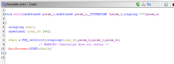A code snippet displayed in a programming environment, showing a function definition with parameters, local variable declarations, and an exit process call. The text includes warnings about return behavior.