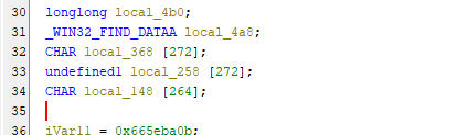 A code snippet displaying variable declarations in C programming, including 'longlong', 'CHAR', and 'undefined' with associated data types and sizes, formatted with line numbers on the left.