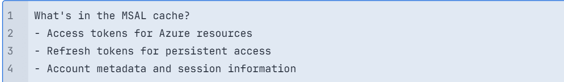 A screenshot showing a text document with a header titled 'What's in the MSAL cache?' followed by bullet points listing 'Access tokens for Azure resources,' 'Refresh tokens for persistent access,' and 'Account metadata and session information.'
