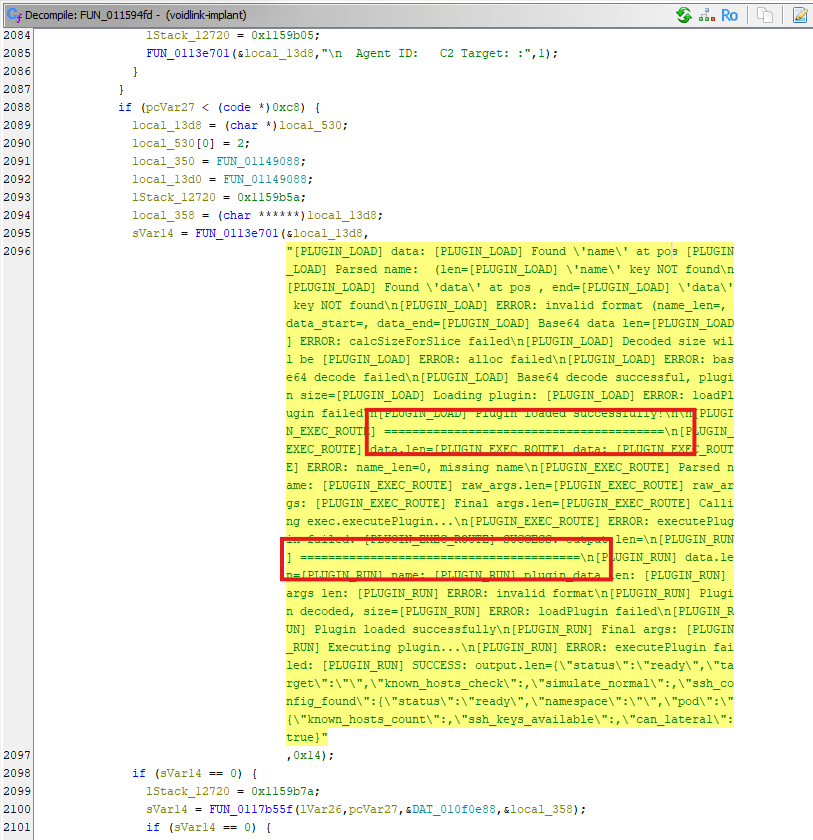 A screenshot of decompiled code, with highlighted sections indicating errors related to loading plugins and execution routes. The text includes code annotations and error messages about missing plugin data.