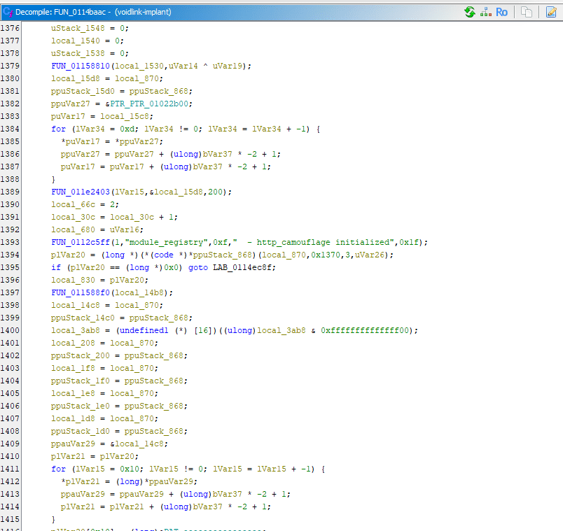 A computer code display showing a decompiled function with variable assignments and stack operations. The code appears in a programming or debugging interface, indicating a technical development environment.