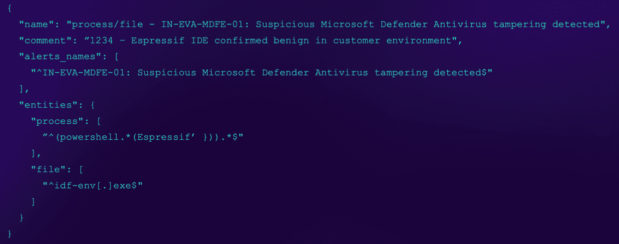 A code snippet displaying a JSON object that reports suspicious Microsoft Defender Antivirus activity. It includes fields for 'name', 'comment', 'alerts_names', and 'entities' detailing the incident.