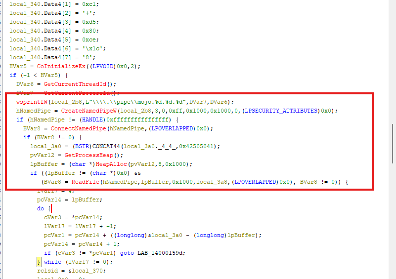 A code snippet in a programming environment. It includes functions for creating and managing a named pipe, error handling, and data reading operations. The code is highlighted within a red box for emphasis, featuring various data types and conditional statements.