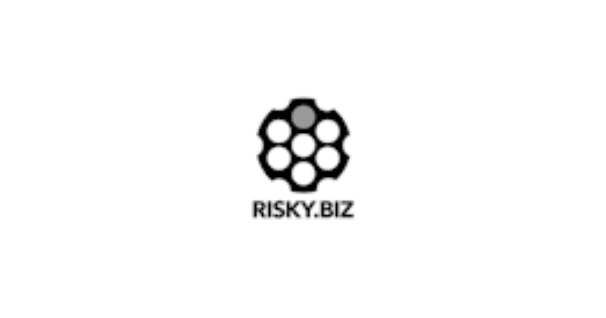 A black circular logo with six inner circles arranged in a honeycomb pattern, accompanied by the text "RISKY.BIZ" in a bold, sans-serif font positioned below the icon, all on a white background.