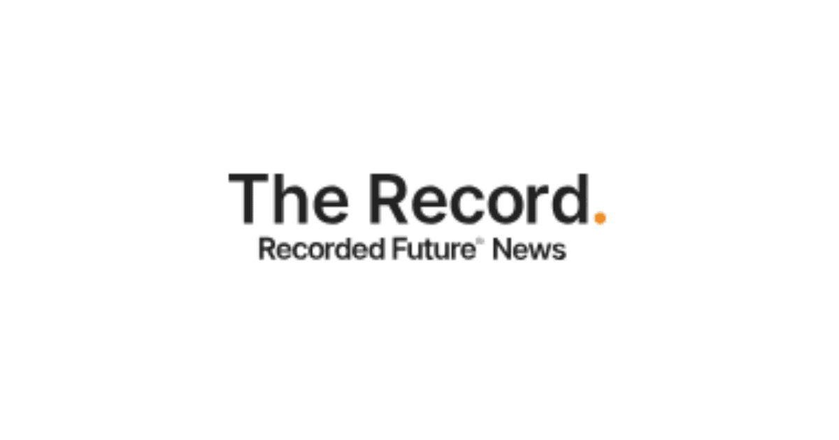 The logo for "The Record" features the name prominently in bold black letters. Below, in smaller font, it reads "Recorded Future News," with an orange dot placed after the word "Record." The background is white.