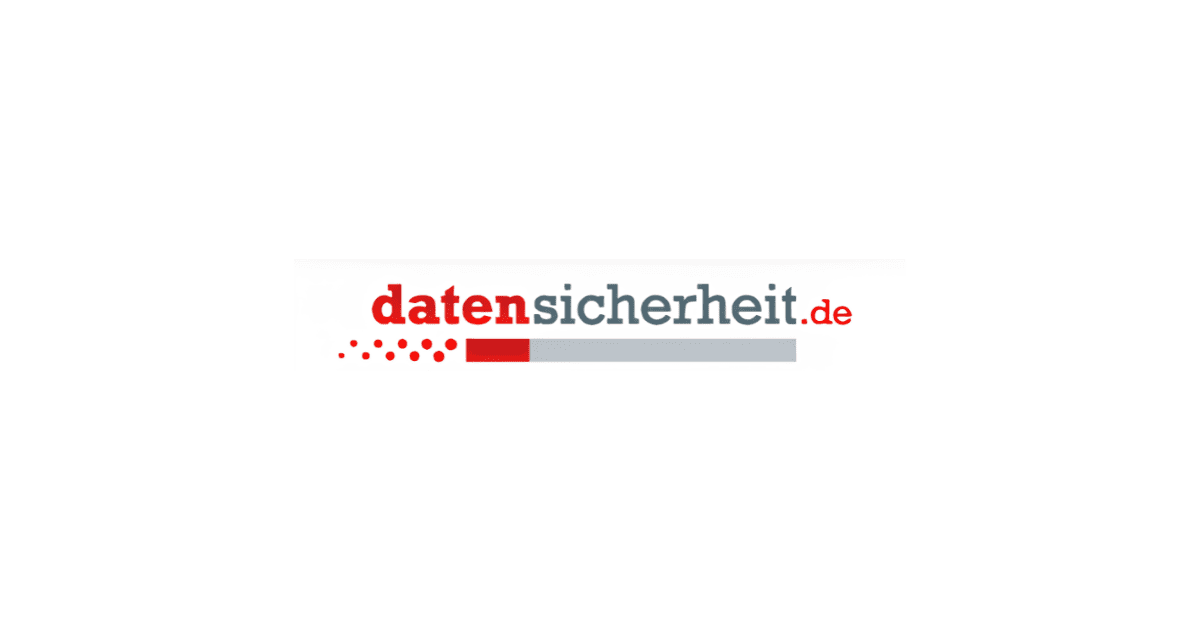 The logo for "Datensicherheit.de" features the word "daten" in bold red letters followed by "sicherheit" in gray, along with a red dot and bar graphic beneath. The logo is presented on a white background.