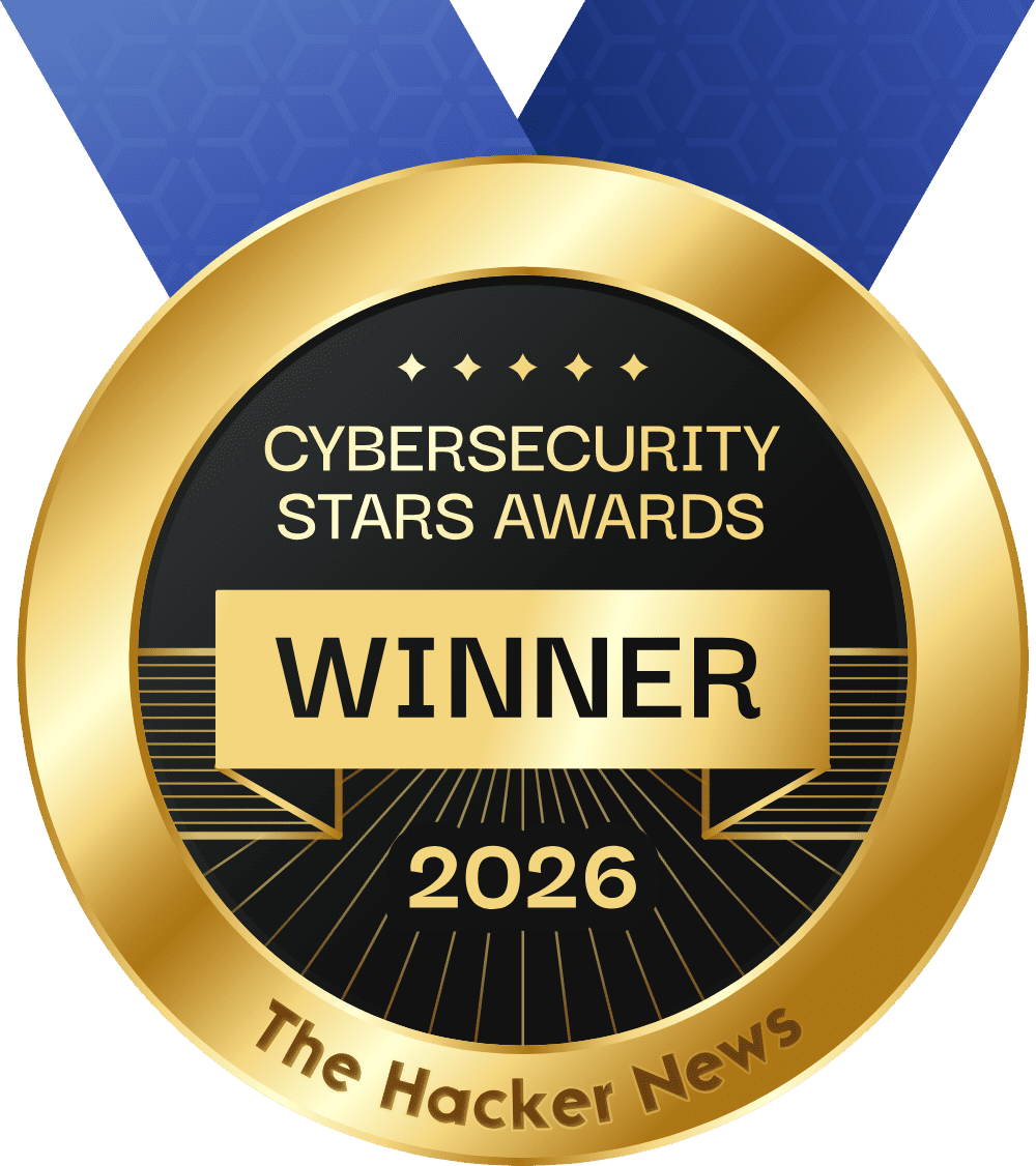 A gold medal with a blue ribbon featuring the text "Cybersecurity Stars Awards" and "WINNER 2026". The center of the medal displays horizontal lines and stars, with "The Hacker News" written at the bottom.