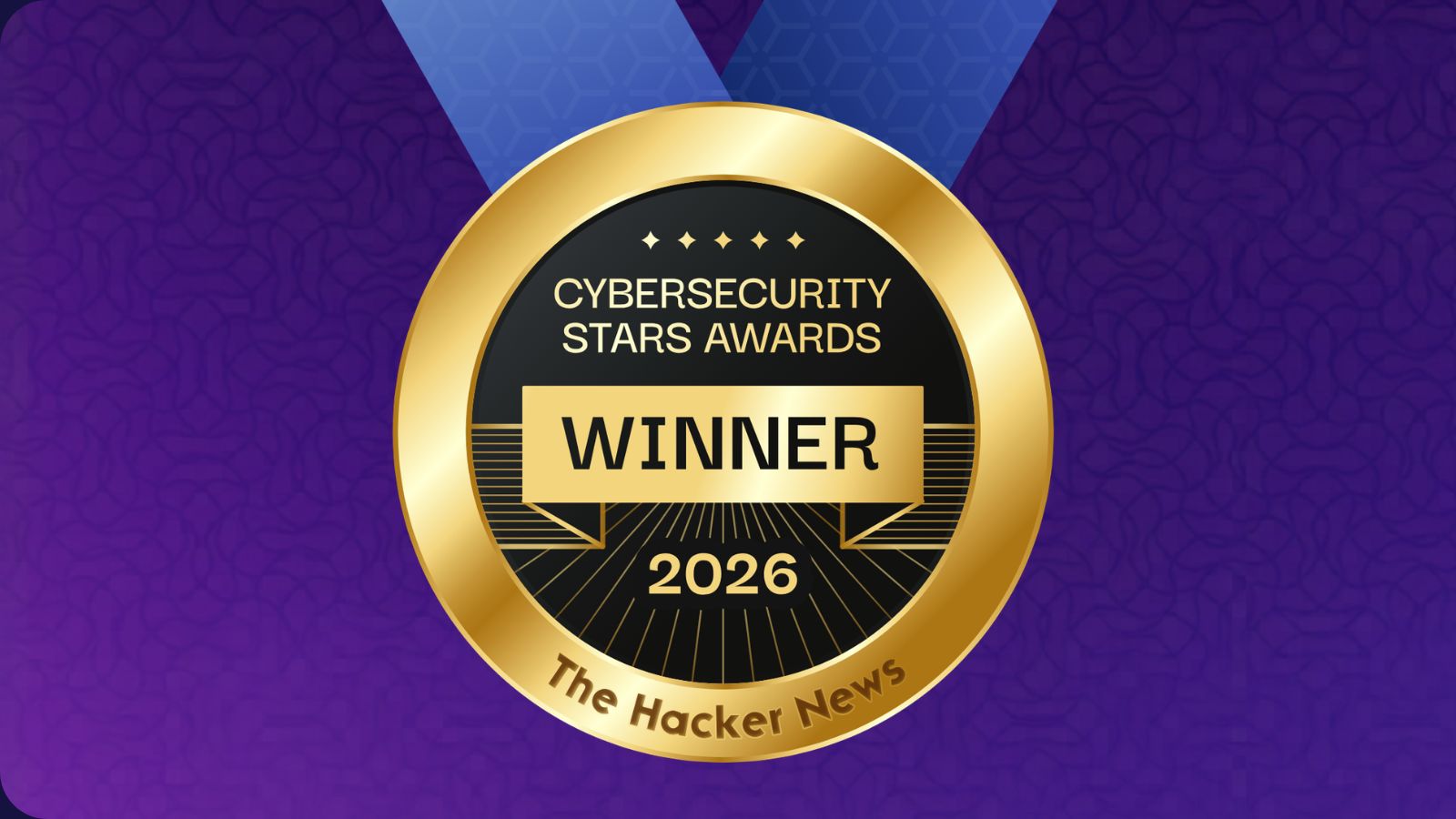 A gold winner's medal featuring the text "CYBERSECURITY STARS AWARDS WINNER 2026" in a black center. The medal is set against a purple background with a pattern, and a blue ribbon is attached at the top.