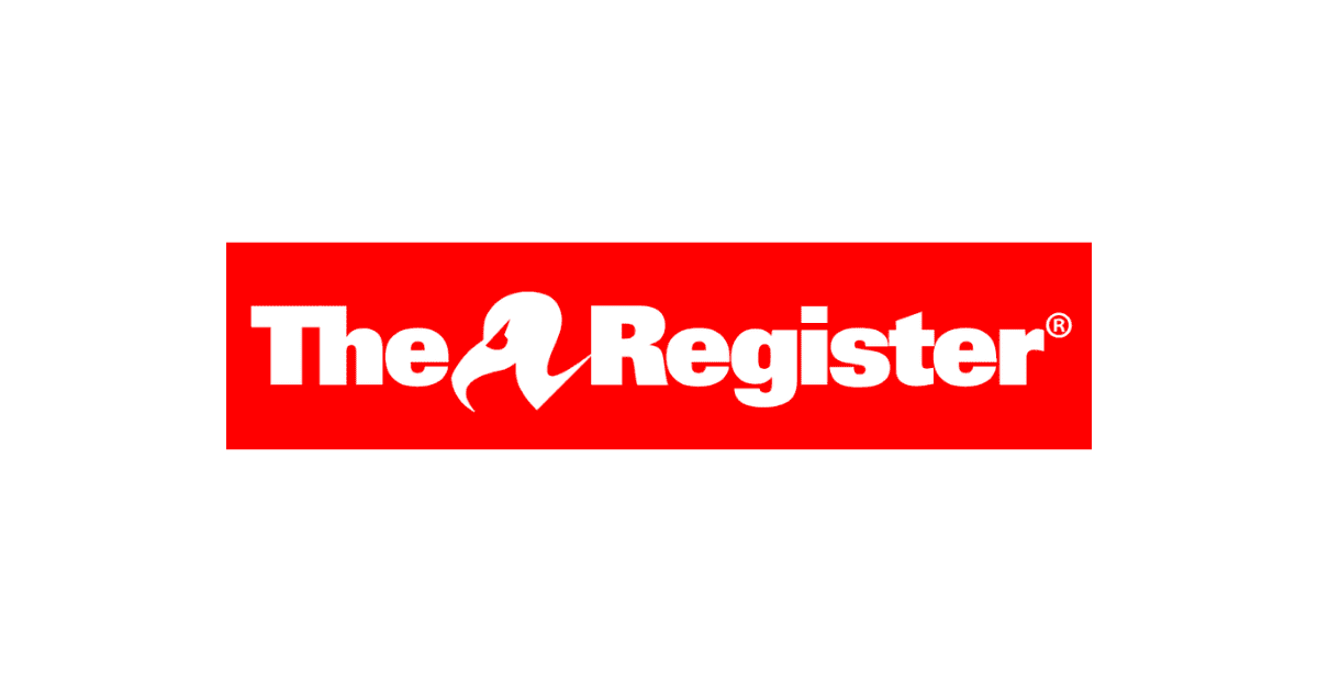 The Register logo features bold white text in uppercase reading "The Register" on a bright red background, with a stylized bird icon in place of the letter "R." The design is simple and striking, emphasizing brand identity.