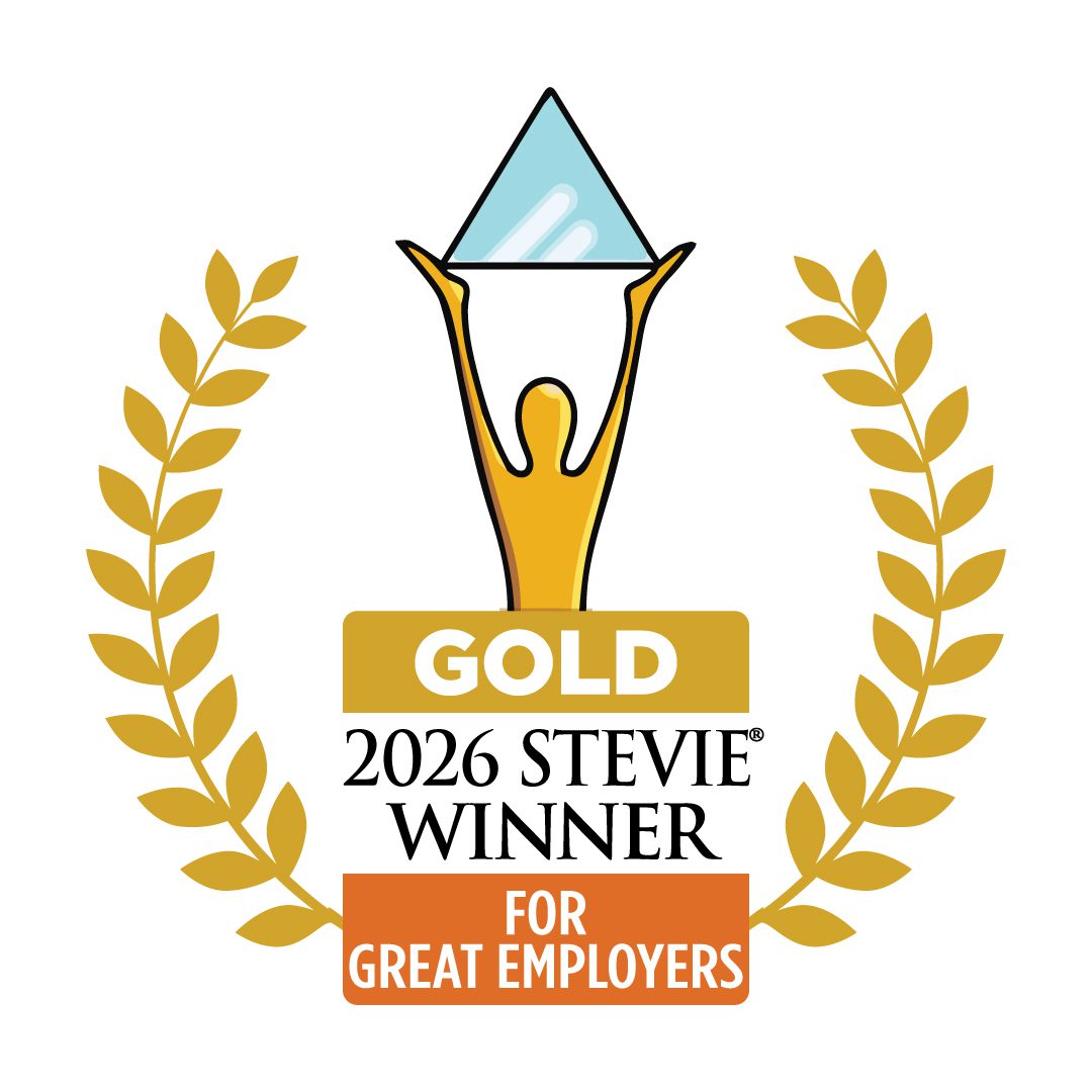 A graphic award badge featuring a gold trophy figure with a triangular top and raised arms. Surrounding the figure are laurel leaves. Below, it states '2026 Stevie Winner for Great Employers' in gold and black text.