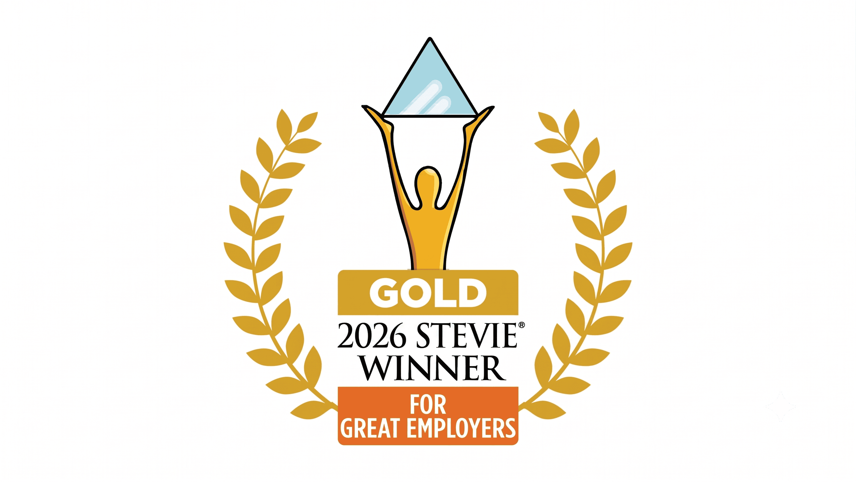 A graphic featuring a gold emblem with a stylized figure holding a triangular trophy. Surrounding it is a laurel wreath and text that reads "2026 Stevie Winner for Great Employers" in bold, highlighting the award's significance.