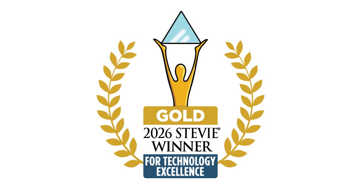 An award graphic featuring a gold emblem with a figure holding a triangular trophy above their head. Below, text reads "Gold 2026 Stevie Winner for Technology Excellence" surrounded by laurel leaves. This represents a recognition of the 'Best Place to Work'.