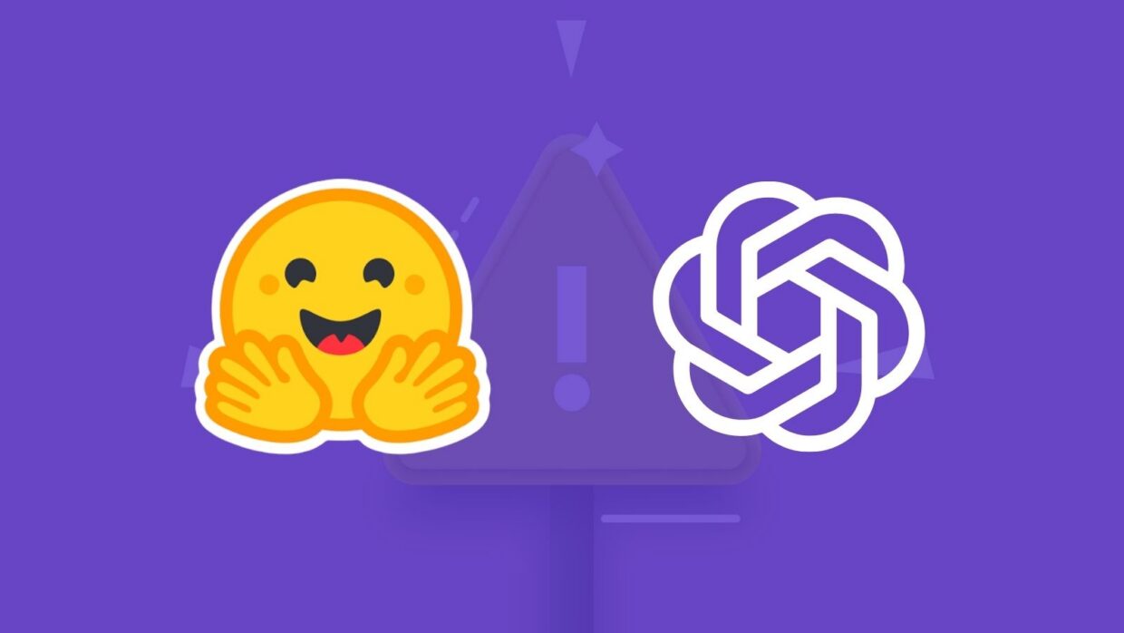An illustration featuring a smiling yellow emoji with open arms on the left, and a stylized logo on the right. The background is a gradient of purple with an exclamation mark symbol above a triangular shape in the center.