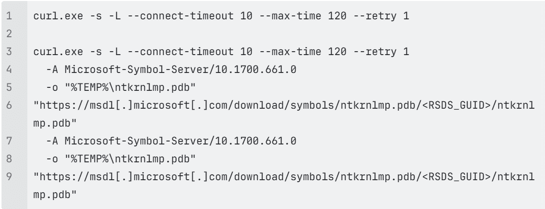 A text editor shows repeated curl.exe commands downloading ntkrnlmp.pdb from Microsoft symbol URLs.